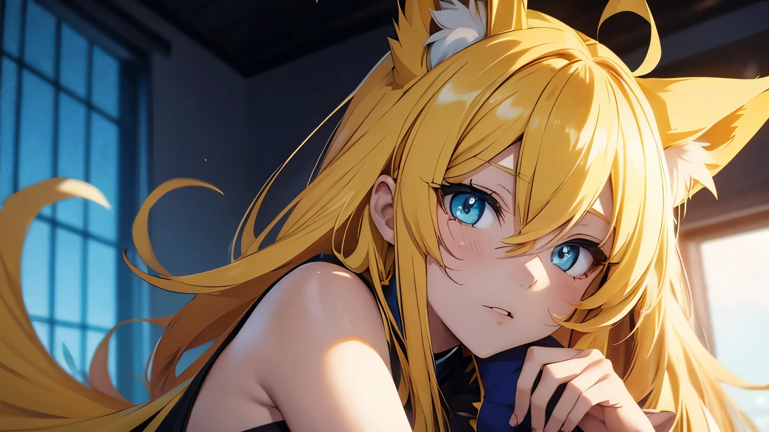 Anime cat girl with yellow ears, long yellow hair, blue eyes, sexy