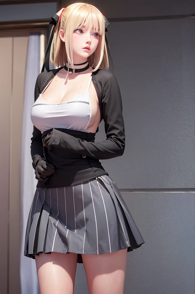 One girl,masterpiece,Highest quality,Blonde,stockings,Checked skirt),Short skirt,Are standing,In total length,Medium chest,Very detailed,[[Realistic]],Beautiful and attractive anime ,Enchanting anime girl,Swinging skirt,blue eyes, hair ornaments, Hair Ribbon,Show your forehead、Twin tails、Random colored lace costumes、Lace choker, short hair,,No bra,,Very detailed肌, Very detailed顔, (Beautiful Fine Eyes, the girl, Red cheeks) ,The girl has a toned figure., Intricate details,Closely、Embarrassed expression、blush、Shining Sweat、Perfect Skin,Sweat is noticeable in the cleavage、、Sweating on thighs is noticeable、 Fair skin,Tight waist, Sweating profusely、Sweaty hair、Sweaty clothes、Sweaty、Visible sweat、Sweat-soaked hair、Athlete System、cherry blossoms、Blonde、Silver Hair、