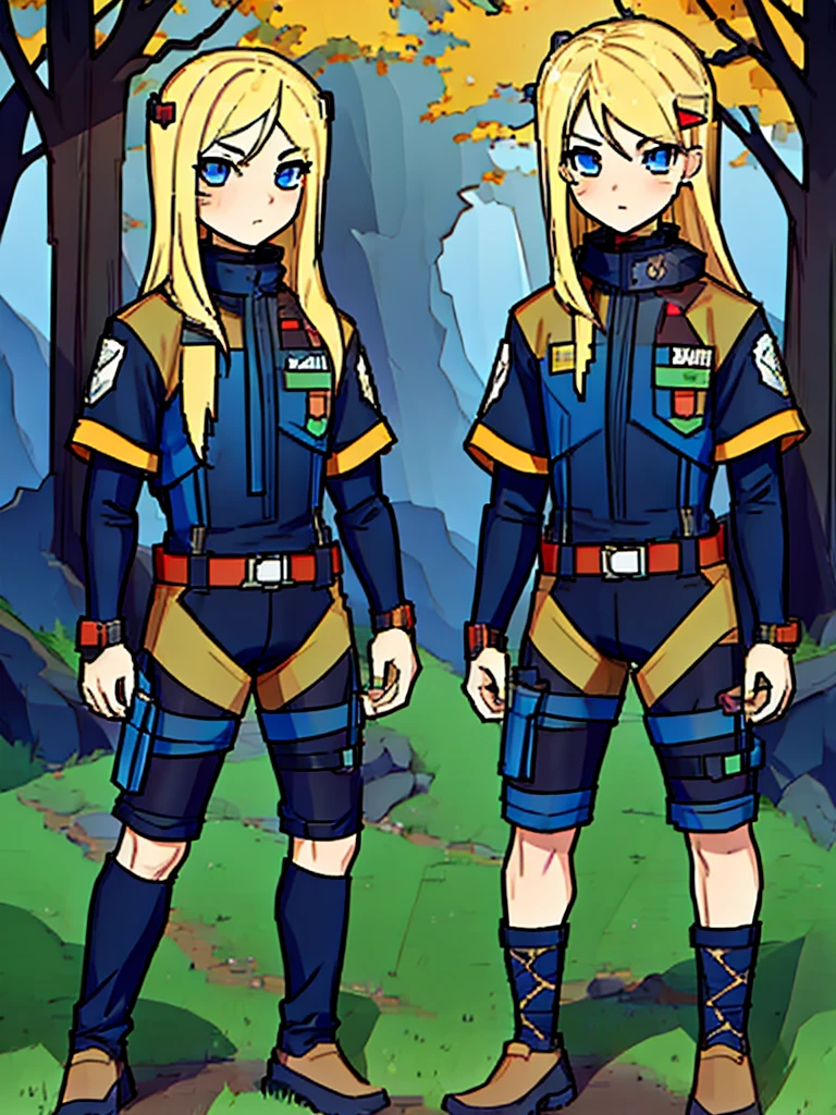 (((Full Body))) (((Twins))) They are ***************s twin with blonde hair. One has an energetic and curious expression, dressed in rugged survival attire. Another one appears more serious and focused, also dressed in practical survival gear with a pragmatic touch. 