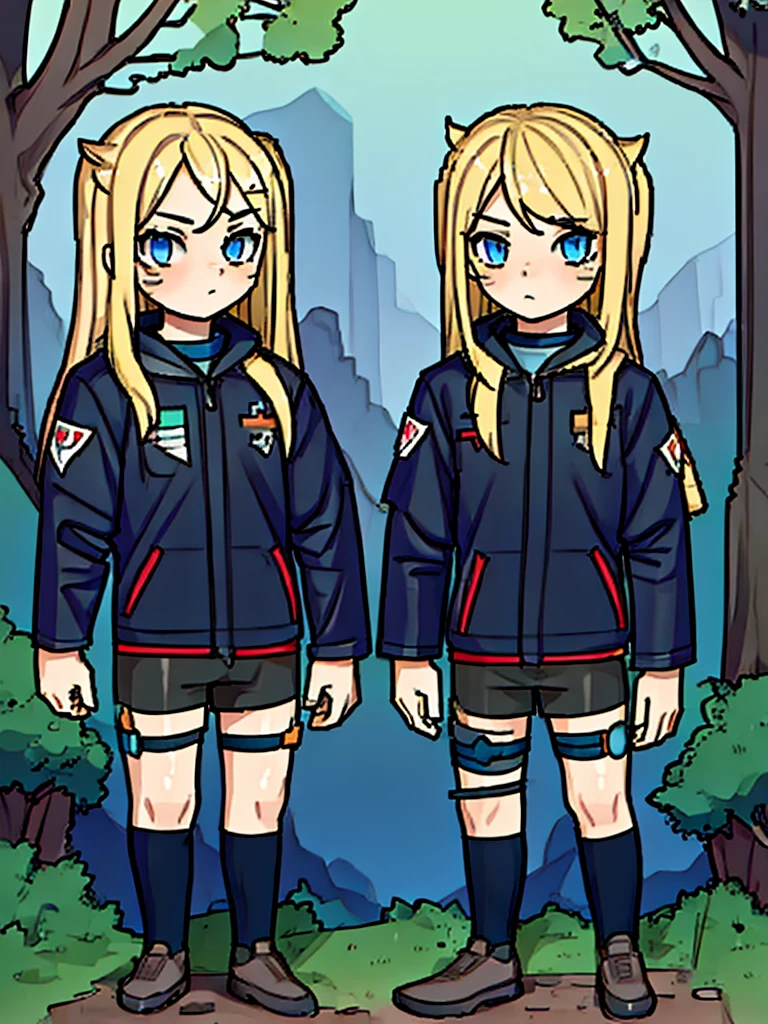 (((Full Body))) (((Twins))) They are 12-year-old boys twin with blonde hair. One has an energetic and curious expression, dressed in rugged survival attire. Another one appears more serious and focused, also dressed in practical survival gear with a pragmatic touch. 