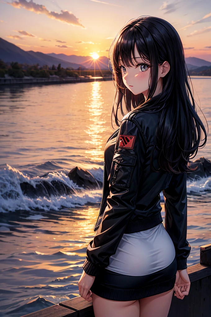 Best image quality, sunset, Sunset, Staring at the sunset, river, Black jacket, Woman showing her butt, Black Hair, Long Hair
