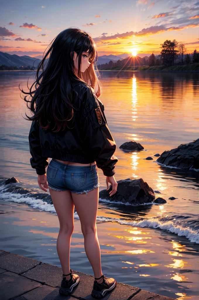 Best image quality, sunset, Sunset, Staring at the sunset, river, Black jacket, Woman showing her butt, Black Hair, Long Hair