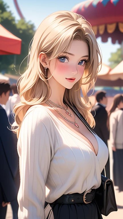 ((masterpiece, highest quality, High resolution, Hmm, RTX, perfect pixel, Depth of the bounds written, 4k, very detailed))), 1 girl, single, alone, beautiful anime girl, beautiful art style, anime character, ((long hair, parted bangs, middle part bangs, blonde hair)), ((blue eyes:1.4, round eyes, beautiful eyelashes, realistic eyes)), ((detailed face, blush:1.2)), ((smooth texture:0.75, realistic texture:0.65, realistic:1.1, Anime CG style, Bright colors)), ((medium breasts, cleavage:0.9, Big breasts)), dynamic angle, perfect body, ((throw, dynamic pose, close)), ((white sweater, long sleeve, black skirt, Women's Belts, Snazzy, single handbag, 1 Diamond Necklace)), open your mouth, embarrassing, amusement park