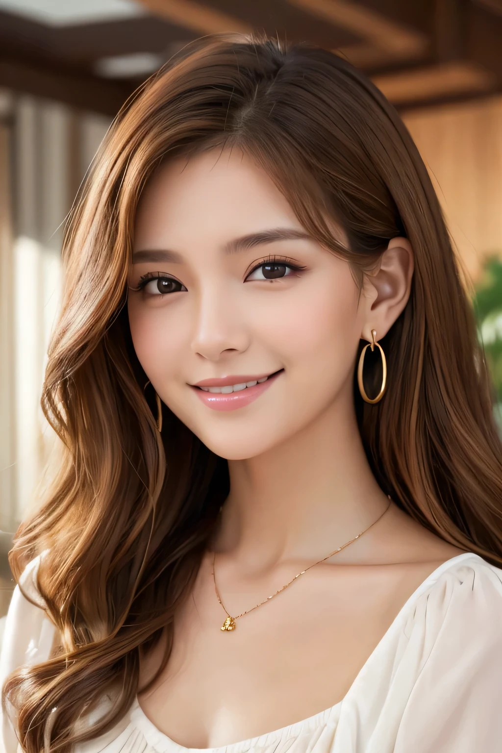 young woman、Light brown hair、、Curly Hair、ear piercing、Necklace around the neck、blouse、Closed Mouth Smile、Intricate details, Very detailed:1.2), 、 Looking into the camera,The background is the office
