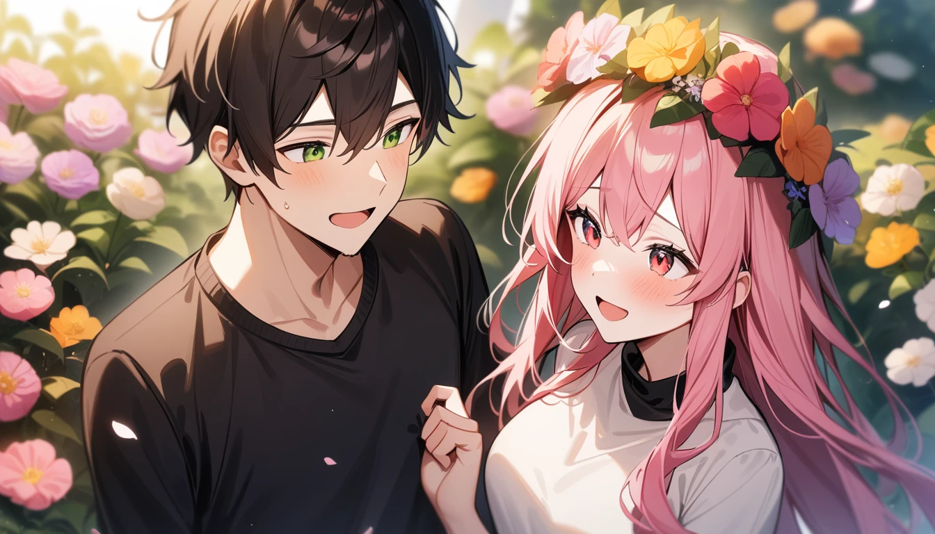 (couple), girl and boy, 1girl, (girl with red eyes, vibrant pink long hair, flower hat), 1boy, (boy with green eyes, short black curly hair), intimate, rich in detail, happy expression, love, long shot, flower garden, wide angle, (masterpiece, best quality, aesthetic, heavenly)