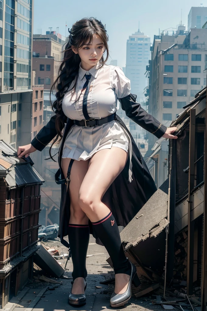 The building collapses、Urban hustle and bustle、Traffic jam、City of Rubble、street tree、((((Azur Lane Cheshire))))、Maid clothes、Super huge breasts、Plump thighs、Ground View,City of Giants,500 foot tall giant girl,skyscraper,Has super long legs,Step into the crowd,There are many people on the street,Knee-high socks,She has waist-length black hair,Wear Mary Jane heels,A happy look,Standing on the ruins,Beautiful appearance,Exquisite makeup,quality,8K,高quality,Perfect Proportions, Cinema Lighting,Film Grain,The Colors of Fuji,8K,Textured skin,Super Detail,High detail,high quality,High resolution,explode,False Smile,Show your pants