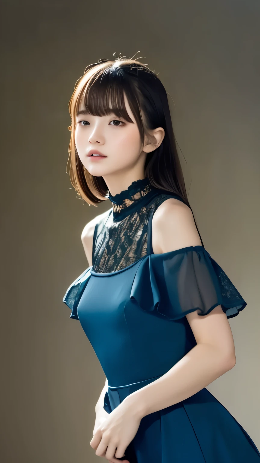 Young woman standing in front of an abyss background、She is wearing a gorgeous dark blue dress。The dress is decorated with lace and frills.、Exposed shoulder design.。The Woman'Long hair is soft and wavy、Her head is adorned with a red flower hair accessory.....。Gorgeous gold earrings dangle from her ears.....。
The Woman'His face is full of confidence、The slightly sad eyes are characteristic.。The details on the dress are exquisite、The floral decoration on the chest is particularly eye-catching.....。Butterfly fluttering in the background.、Creates a fantastic and romantic atmosphere.。
as a whole、Feminine beauty and passionate red stand out.、Gives a dramatic and elegant look。
