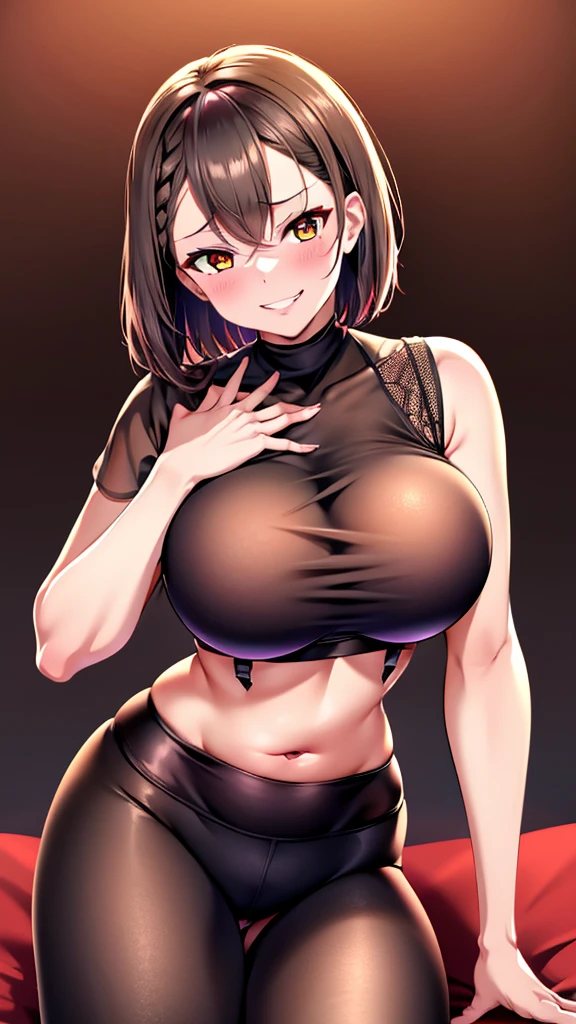 Erotic　Azur Lane　Baltimore　Tall busty brunette short hair adult married woman sportswear sports bra leggings female executive red black background heart bedroom dark theme evil fall temptation excited condescending smile sexy pose upper body emphasis