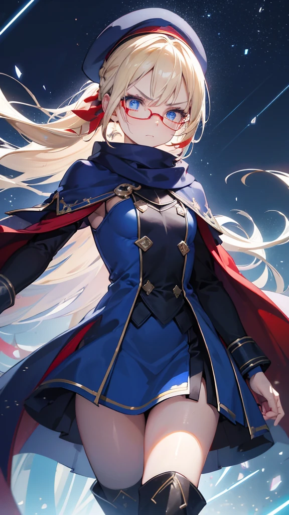 Best quality, Ultra detailed, best quality, insanely detailed, beautiful, masterpiece, 8k, 
break  
Lens Flare,night sky, Streaks of Light,refraction Glowing white lines ,Crossing Light,Shining Background, light particles
break 
crystal trees,crystals,
break 
1girl, blonde hair, (slicked back hair:1.2), forehead, long hair, high ponytail, (red Beret:1.2), blue Scarf ,blue Compression Shirt, blue eye glasses,  tareme , blue eyes, ultra detailed eyes, blue sheath skirt, mini skirt, (red and  blue cloak:1.2) , long cloak,blue boots, pale skin , strong facial expression,(sharp eye:1.2),(scowl:1.1), (stare at viewer with stern eyes:1.5), ,nsfw,(ecstasy:1.3) ,(slut:1.2),(vulgarity:1.3),(fucked silly:1.1),(steam:1.1),(wet:0.8),(trembling:0.8),(tears:0.7) ,(drooling:0.6),(sweat:0.8), glamorous, short stature