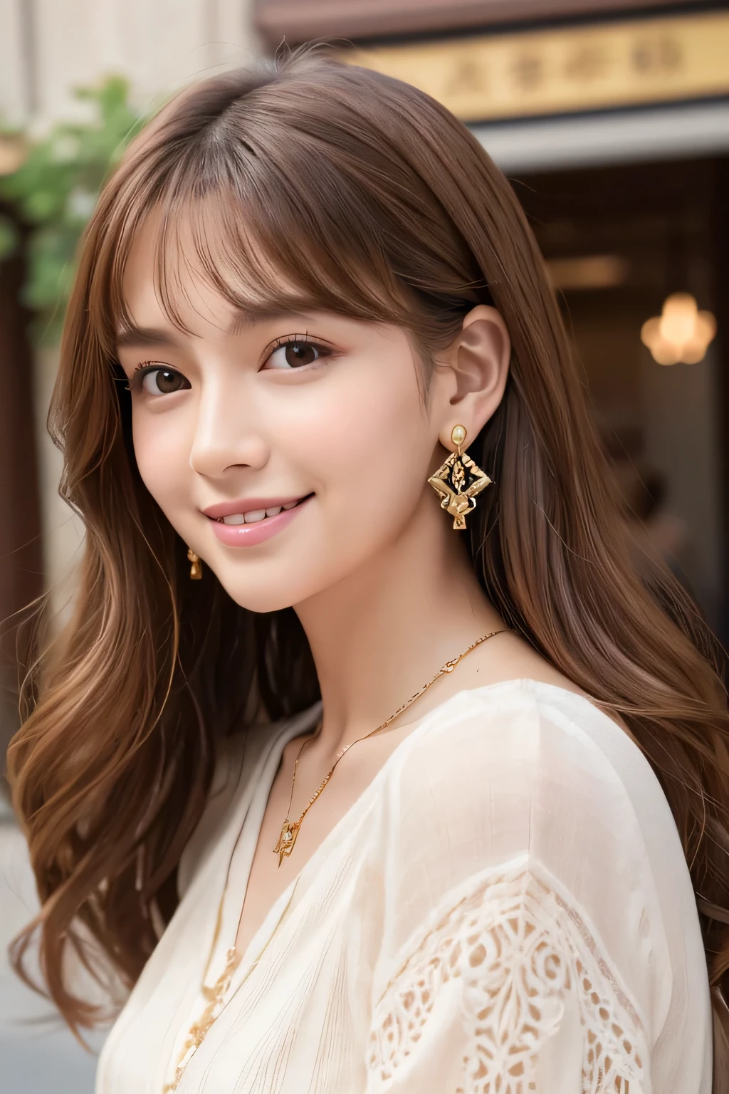 young woman、Light brown hair、、Curly Hair、ear piercing、Necklace around the neck、blouse、Closed Mouth Smile、Intricate details, Very detailed:1.2), 、 Looking into the camera,The background is the office