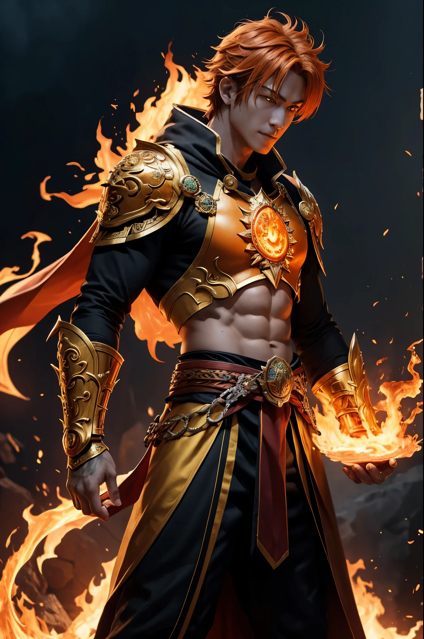 8K,エネルギーを纏った非常に若いFire God Boy,Super handsome(Like the real thing),He looks at the audience with a fearless smile.,Orange Hair,Orange Flame Armor(Fire God Crest),Orange Flame Gauntlet(Fire God Crest),Orange Flame Leg Guards(Fire God Crest),Dark and desolate land,Photorealistic RAW photos of the highest quality。Bright colors,Rich colors, Backlight, Cinema Lighting, Film Grain, 50mm lens, Nikon D850,Realistic Skin,Fantasy art,Character Art,Ultra-high resolution,Realistic Skin,Extremely strong and defined abs,bulging muscles,Fire God Boy,Golden Eyes,