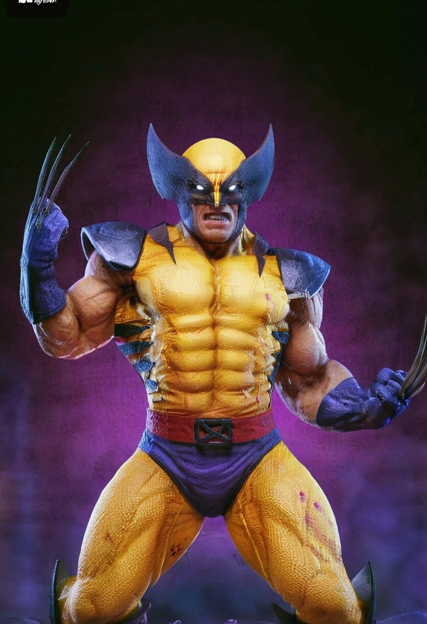wolverine(the best quality,8K,realisitic),33 year old man ,mascle,eyes browns ,brownhair,Scrawny ,fully body,On Ju's açaí shirt, in purple color