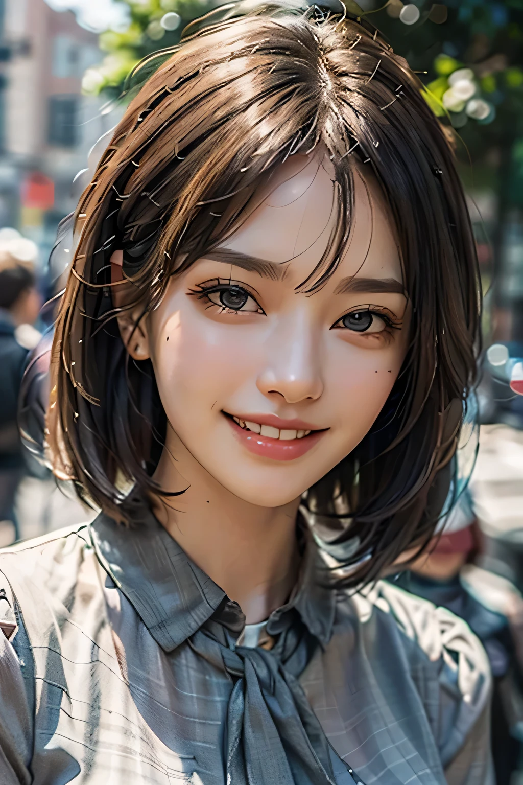 ((masterpiece)), ((Highest quality)), ((Complex)), ((Surreal)), (Realistic), (Mature Woman), ((There are no classes)), Very detailed, (1 female), Beautiful and exquisite, (Beautiful Teeth), Grin, Brunette Bob Hair, Brown eyes, ((blouse)), (Upper Body), (background:none), Perfect Eyes, Captivating eyes, Looking at the audience