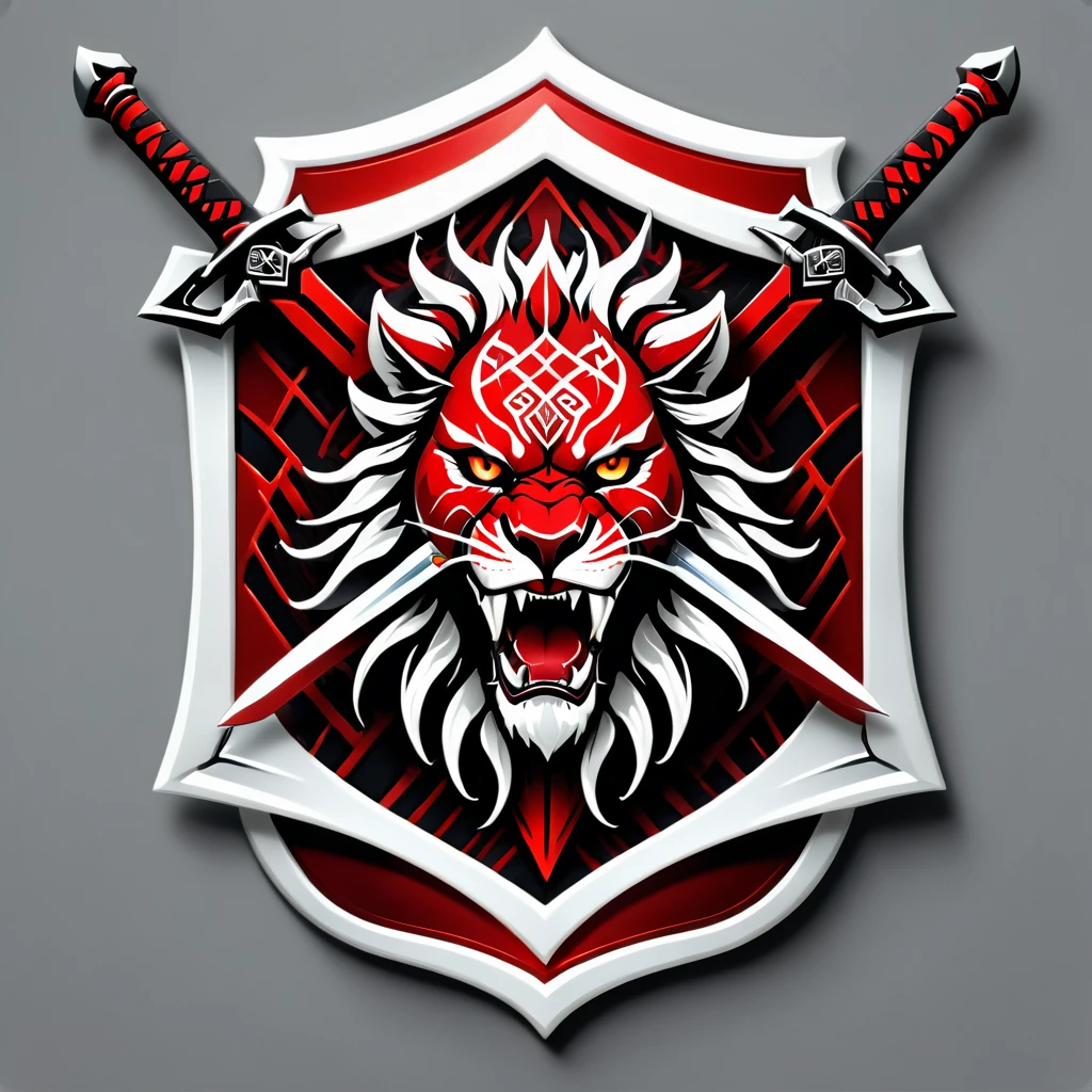 a beast, a lion-like creature, in red, black and white. Two swords pierce from inside her mouth and come out through her head. The beast displays a menacing look with crossed swords entering its mouth and piercing its head. two swords, two swords penetrating the creature. Badge of clan, icon, logo, simple background