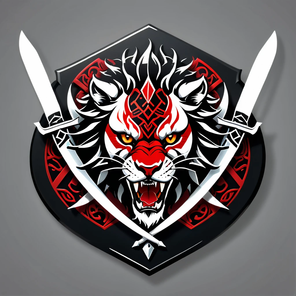 a beast, a lion-like creature, in red, black and white. Two swords pierce from inside her mouth and come out through her head. The beast displays a menacing look with crossed swords entering its mouth and piercing its head. two swords, two swords penetrating the creature. Badge of clan, icon, logo, simple background