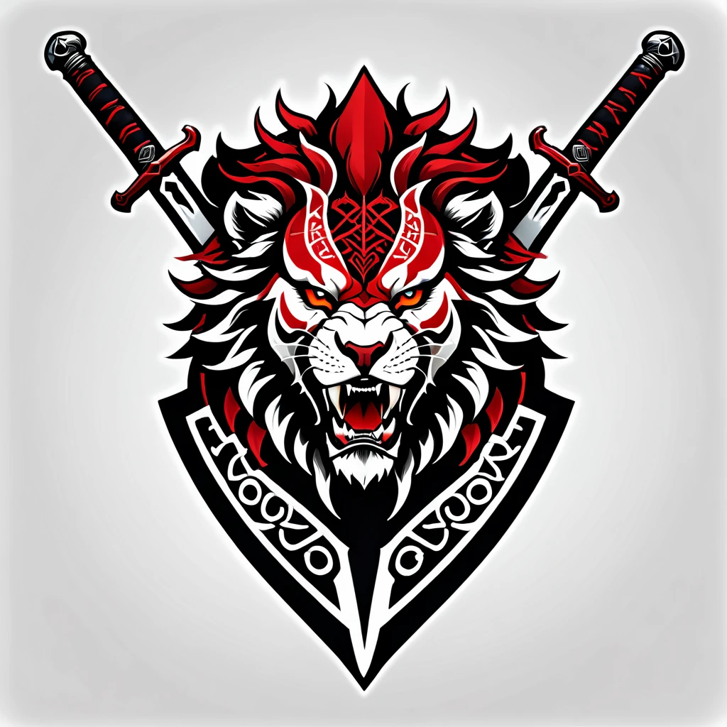 a beast, a lion-like creature, in red, black and white. Two swords pierce from inside her mouth and come out through her head. The beast displays a menacing look with crossed swords entering its mouth and piercing its head. two swords, two swords penetrating the creature. Badge of clan, icon, logo, simple background