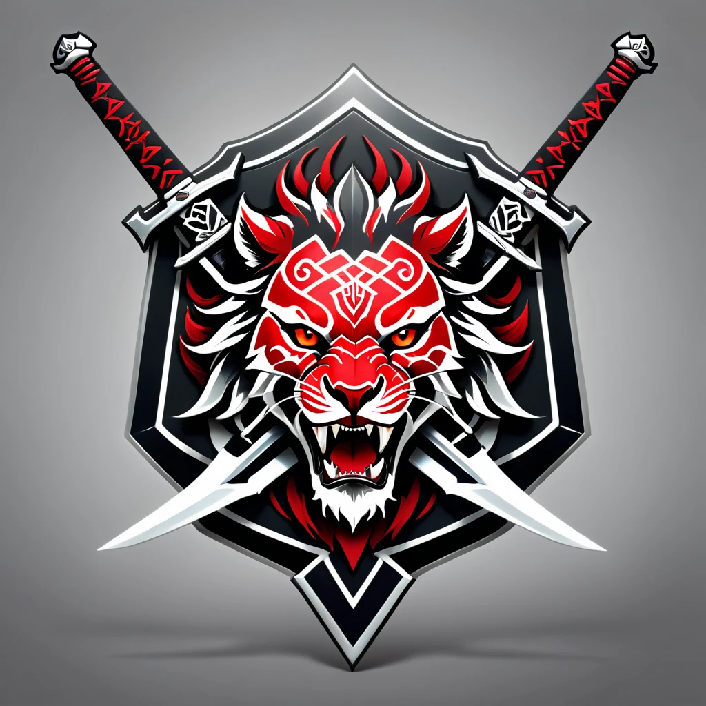 a beast, a lion-like creature, in red, black and white. Two swords pierce from inside her mouth and come out through her head. The beast displays a menacing look with crossed swords entering its mouth and piercing its head. two swords, two swords penetrating the creature. Badge of clan, icon, logo, simple background