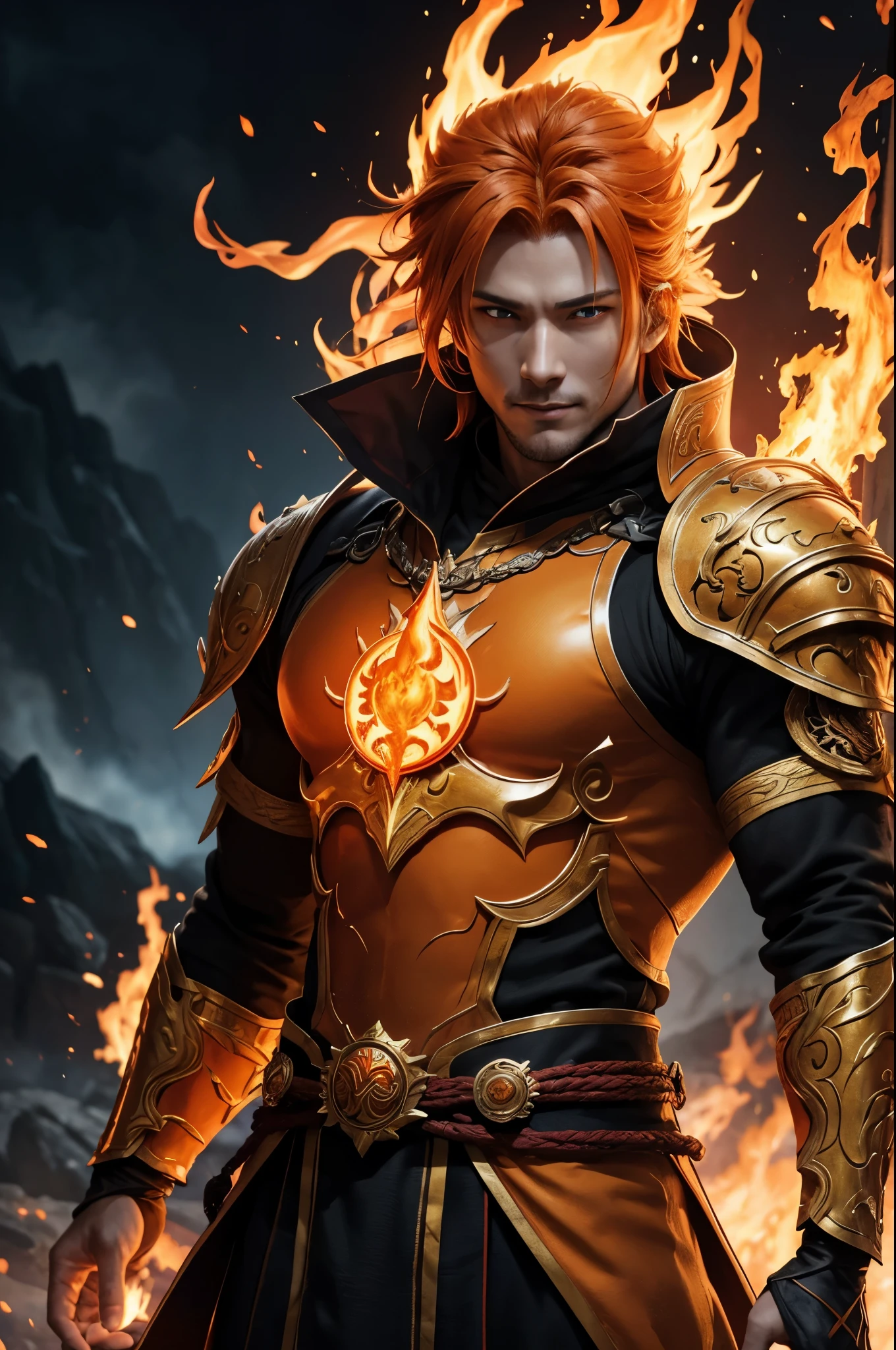 8K,エネルギーを纏った非常に若いFire God Boy,Super handsome(Like the real thing),He looks at the audience with a fearless smile.,Orange Hair,Orange Flame Armor(Fire God Crest),Orange Flame Gauntlet(Fire God Crest),Orange Flame Leg Guards(Fire God Crest),Dark and desolate land,Photorealistic RAW photos of the highest quality。Bright colors,Rich colors, Backlight, Cinema Lighting, Film Grain, 50mm lens, Nikon D850,Realistic Skin,Fantasy art,Character Art,Ultra-high resolution,Realistic Skin,Extremely strong and defined abs,bulging muscles,Fire God Boy,Golden Eyes,