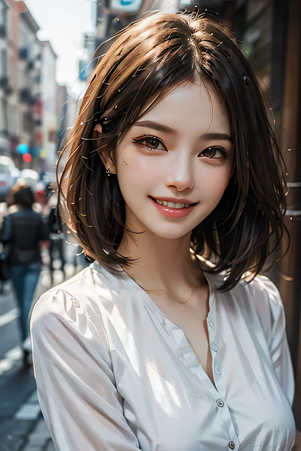 ((masterpiece)), ((Highest quality)), ((Complex)), ((Surreal)), (Realistic), (Mature Woman), ((There are no classes)), Very detailed, (1 female), Beautiful and exquisite, (Beautiful Teeth), Grin, Brunette Bob Hair, Brown eyes, ((blouse)), (Upper Body), (background:none), Perfect Eyes, Captivating eyes, Looking at the audience