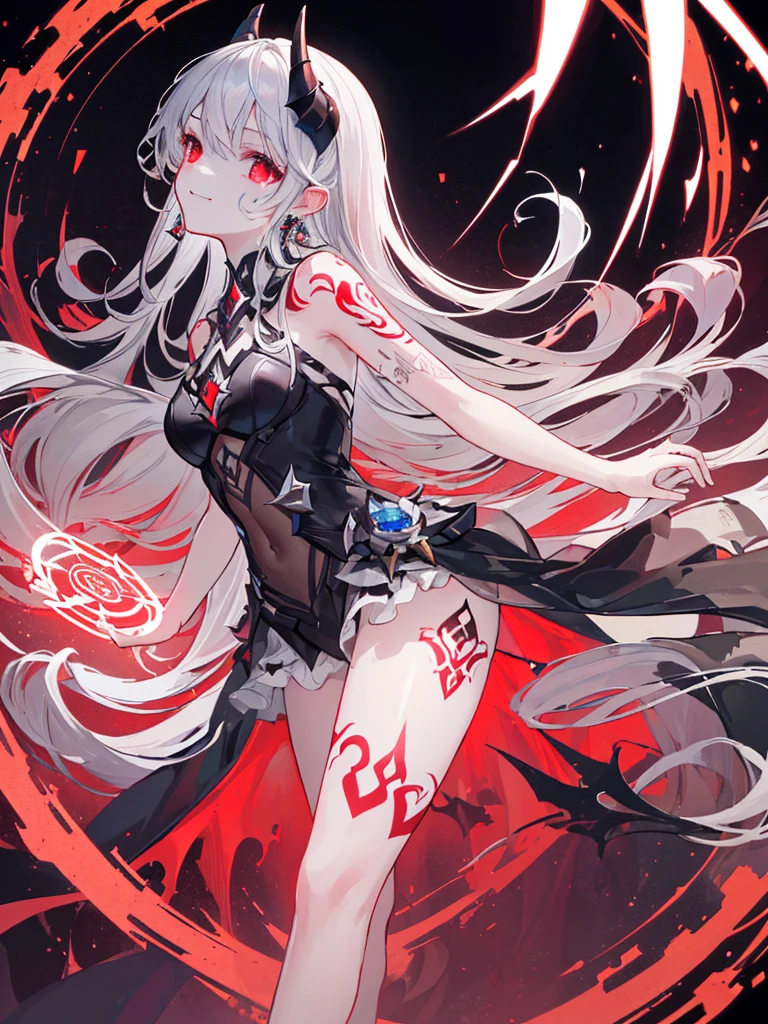 (Ashenhardt Style:1.4), masterpiece, 最high quality, high quality,(Glows dark red、Has red eyes、darknessに囲まれた暗い形のない生き物:1.2), (profile), (darkness:1.2), Abstraction, deep sea, Award-winning photography, Depth of written boundary, High resolution, Very detailed, Art Station Trends, CGSociety Trends, Complex, High detail,(masterpiece:1.2, 最high quality), (Best lighting, Very delicate and beautiful), (Best lighting, Very delicate and beautiful), (Beautifully detailed face), (Detailed eyes and detailed face:1.2), Dark fantasy, (Young girl, Little Beast, One girl, alone, Crazy Smile, Pale skin,19 earrings,((Tattoos all over the body,Tribal tattoos all over the legs)) Gray Hair, Glowing red eyes, Dynamic Angle, vampire), (background chain,Get the Magic Circle,conjuring a demon), (Demons in the Magic Circle)Magic Thunder, pointed_ear, tooth,Devil's Wings,Devil horns,Blood rain on the face,blood mist,(Depth of written boundary),High Contrast,(Blood splatter:1.4),Cowboy Shot,whole body, Black lace-up thong high boots,scream,Sacrifice,Magnificent stage