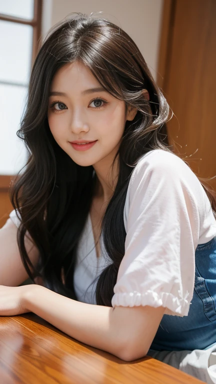 Highest quality,26 years old,woman,Long Hair,brightブロンドの髪色,Soft wavy hairstyle,With big eyes、blue,bright、Has a lively expression,Height approx. 165cm,Bust 86cm,Waist 63cm,Hips cm,健康的でbright肌の色,Thick lips,
"A girl peeking from behind a table, only her face visible, smiling. Her hands are either resting on the table or she is propping her chin up with her hands. The scene is cheerful and playful."