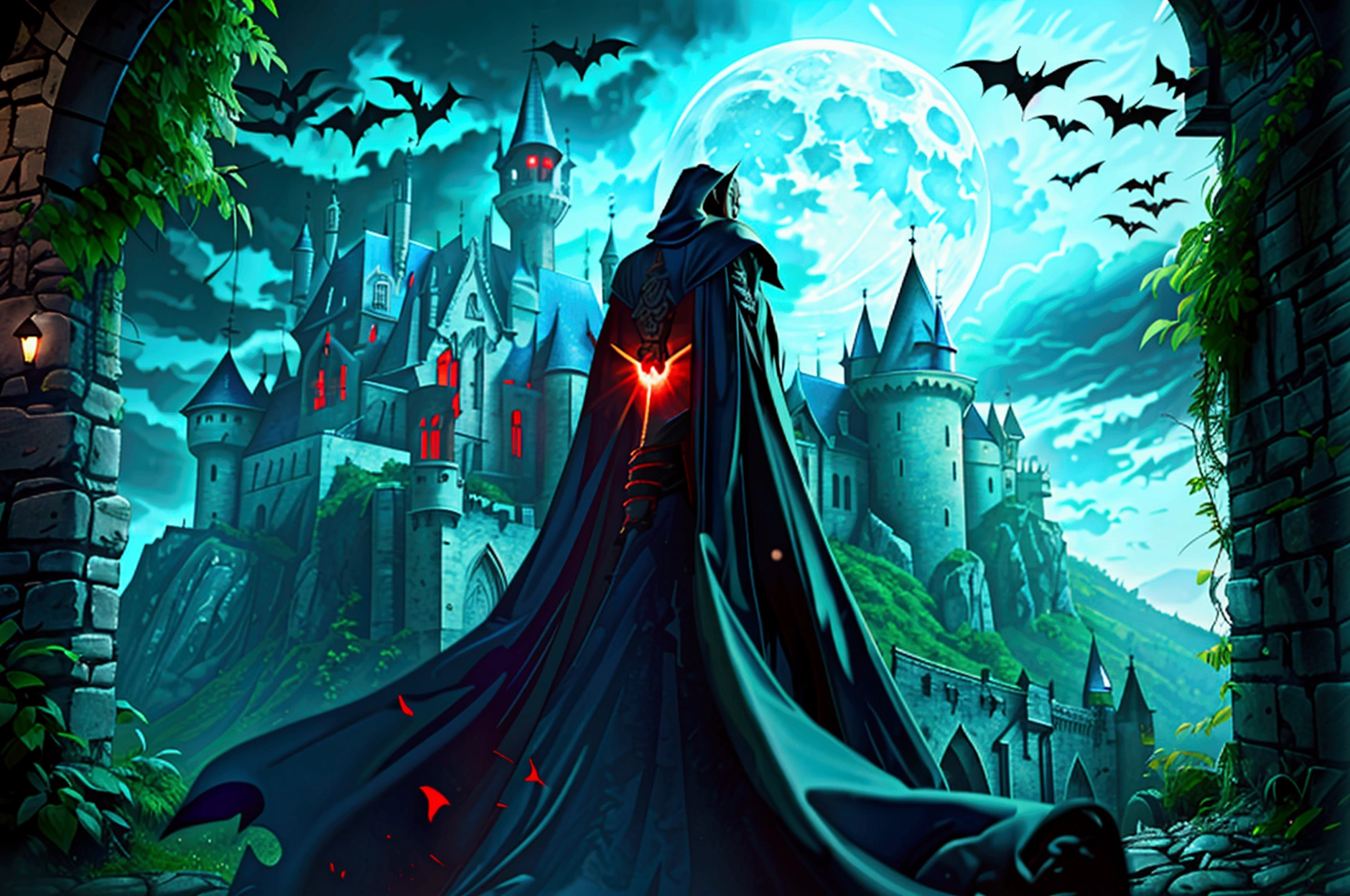 a dark, gothic castle, Conde Dracula, red glowing eyes, pale skin, sharp fangs, dark flowing cape, hordes of bats, moonlit night, haunting atmosphere, dramatic lighting, photorealistic, cinematic, dark fantasy, horror, dramatic pose