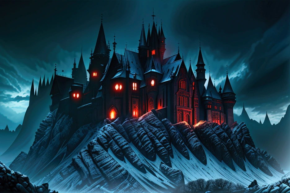 a dark, gothic castle, Conde Dracula, red glowing eyes, pale skin, sharp fangs, dark flowing cape, hordes of bats, moonlit night, haunting atmosphere, dramatic lighting, photorealistic, cinematic, dark fantasy, horror, dramatic pose