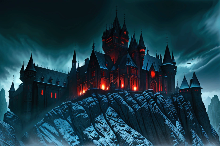 a dark, gothic castle, Conde Dracula, red glowing eyes, pale skin, sharp fangs, dark flowing cape, hordes of bats, moonlit night, haunting atmosphere, dramatic lighting, photorealistic, cinematic, dark fantasy, horror, dramatic pose