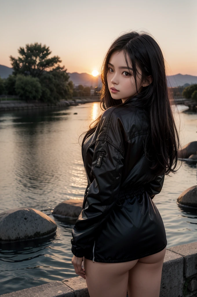 Best image quality, sunset, Sunset, Staring at the sunset, river, Black jacket, Woman showing her butt, Black Hair, Long Hair