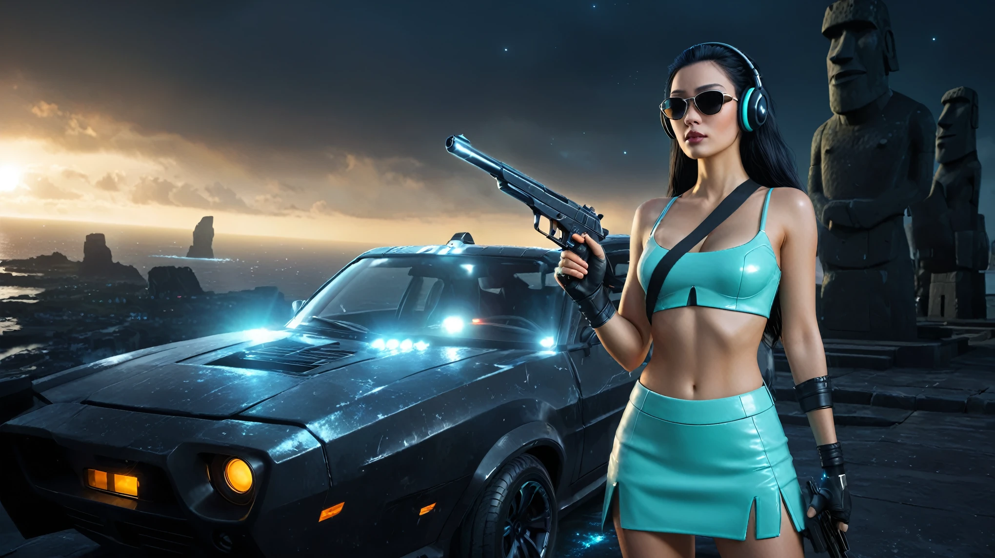 At night, dark sky, distant shot aerial view of fantasy cyberpunk style ice ((Moai-statue)) city, ((flying car)). ((1girl, solo, alone)), medium-breast:1.1 slim body, cleavage, sexy clothes, (headphone, black sunglasses, long black realistic hair), (((hip-up standing and holding pistol))), (((((half-body thigh level medium shot))))), cinematic lighting, lens flare, ray tracing.