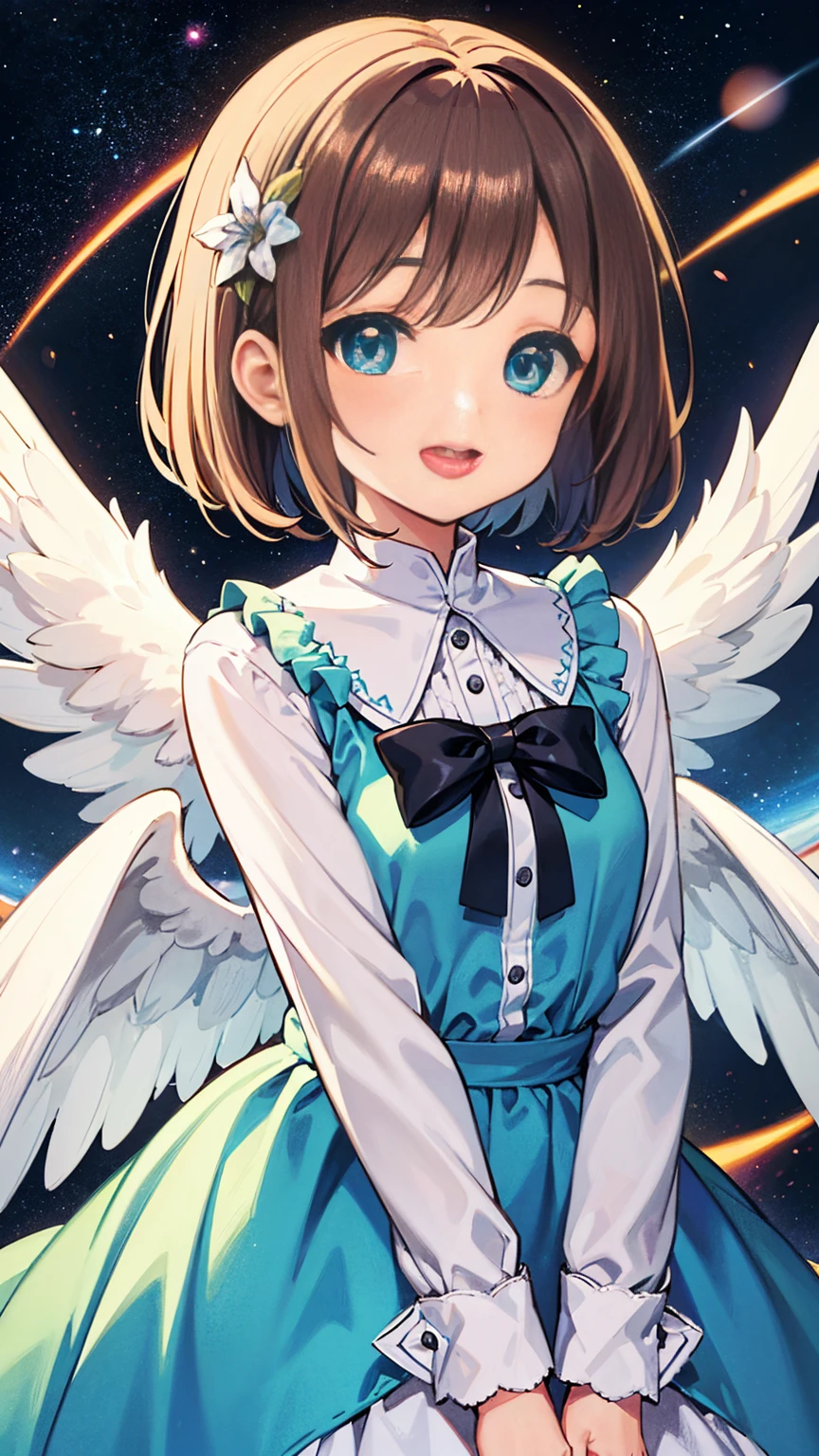Highest quality, Pastel drawing, Serene atmosphere, Twin girl angels, cute, White Wings, Laughing happily, Brown short hair in various colors, Blue-eyed person, Green-eyed person, Dresses in different colors, Flower Hair Ornaments, Upper Body, Looking at the audience, space, meteor, Light,