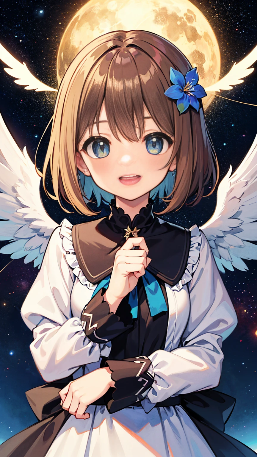 Highest quality, Pastel drawing, Serene atmosphere, Twin girl angels, cute, White Wings, Laughing happily, Brown short hair in various colors, Blue-eyed person, Green-eyed person, Dresses in different colors, Flower Hair Ornaments, Upper Body, Looking at the audience, space, meteor, Light,