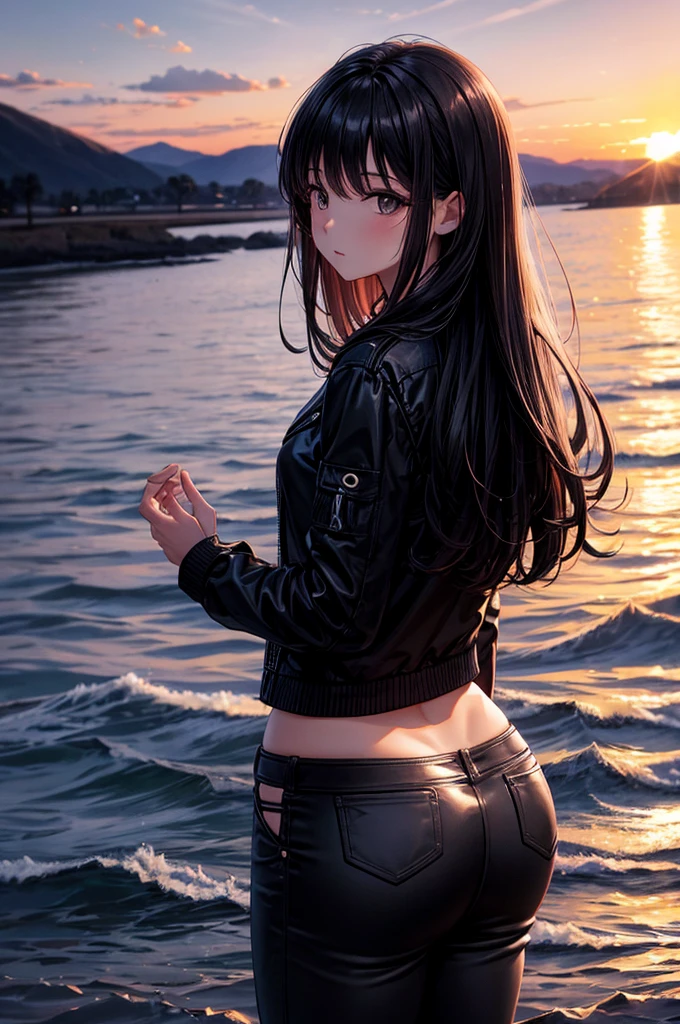 (flat chest:1.5), The background is a lake, Morning Glow:1.5, Black Leather Jacket, Misaka Mikoto, 1girl, black choker, uhd, retina, masterpiece, ccurate, anatomically correct, textured skin, super detail, high details, high quality, best quality, highres, 4K