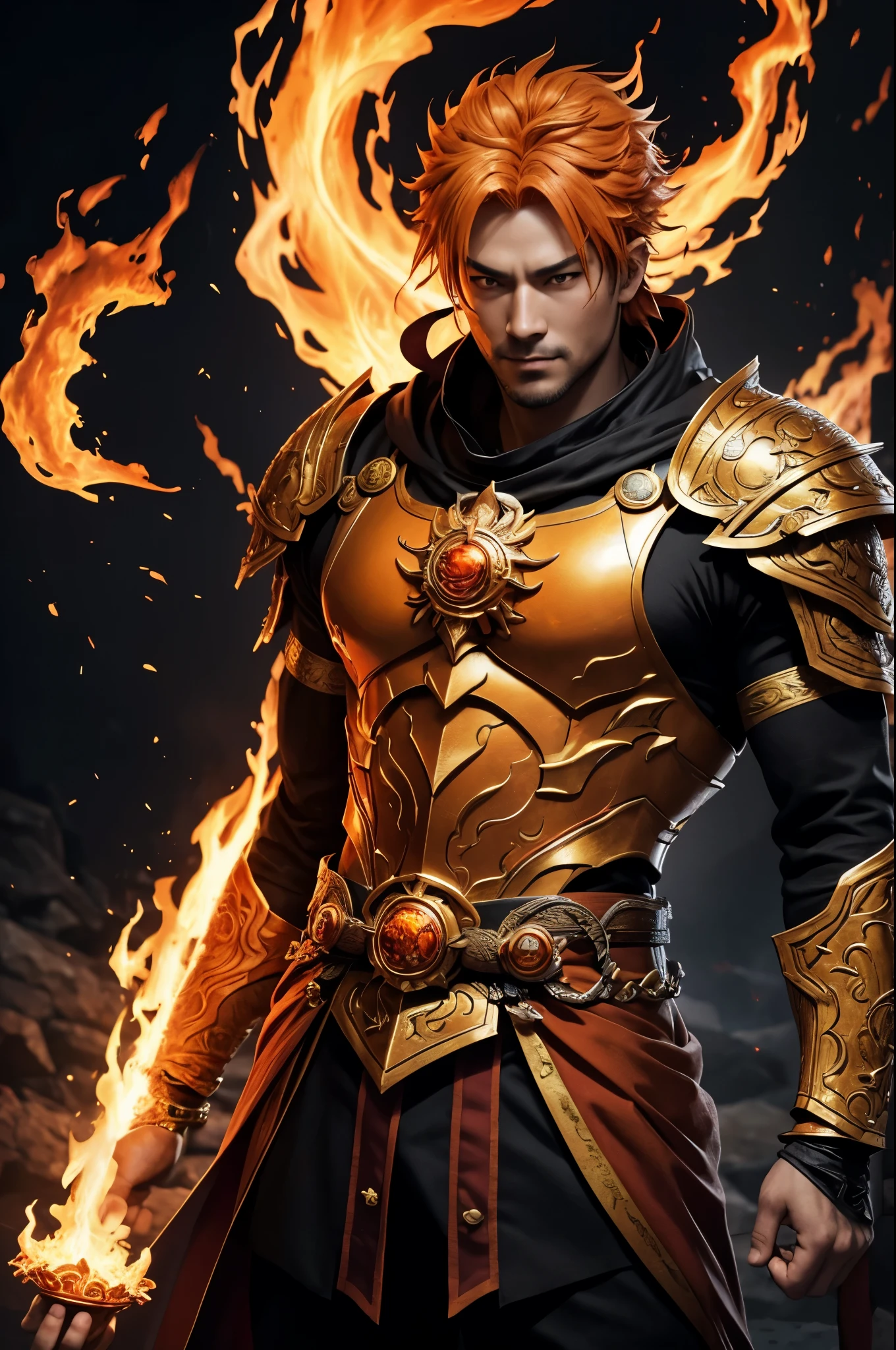 8K,エネルギーを纏った非常に若いFire God Boy,Super handsome(Like the real thing),He looks at the audience with a fearless smile.,Orange Hair,Orange Flame Armor(Fire God Crest),Orange Flame Gauntlet(Fire God Crest),Orange Flame Leg Guards(Fire God Crest),Dark and desolate land,Photorealistic RAW photos of the highest quality。Bright colors,Rich colors, Backlight, Cinema Lighting, Film Grain, 50mm lens, Nikon D850,Realistic Skin,Fantasy art,Character Art,Ultra-high resolution,Realistic Skin,Extremely strong and defined abs,bulging muscles,Fire God Boy,Golden Eyes,