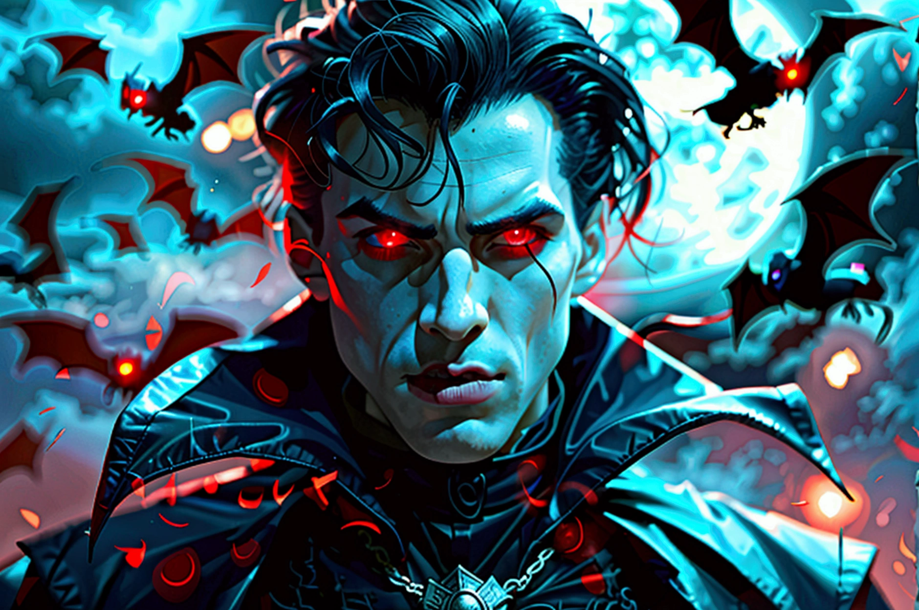 Conde Dracula, red glowing eyes, pale skin, sharp fangs, dark flowing cape, hordes of bats, moonlit night, haunting atmosphere, dramatic lighting, photorealistic, cinematic, dark fantasy, horror, dramatic pose