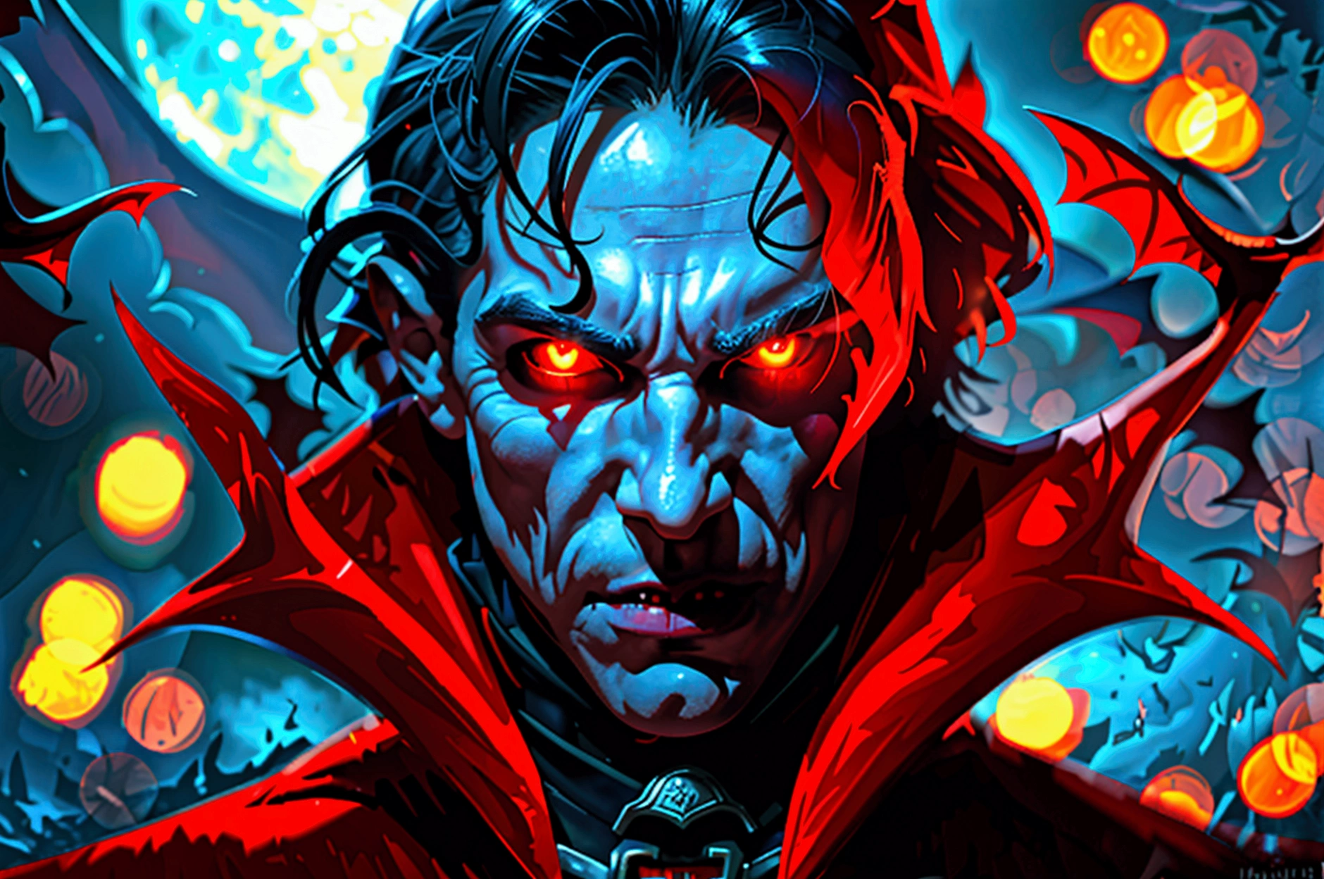 Conde Dracula, red glowing eyes, pale skin, sharp fangs, dark flowing cape, hordes of bats, moonlit night, haunting atmosphere, dramatic lighting, photorealistic, cinematic, dark fantasy, horror, dramatic pose
