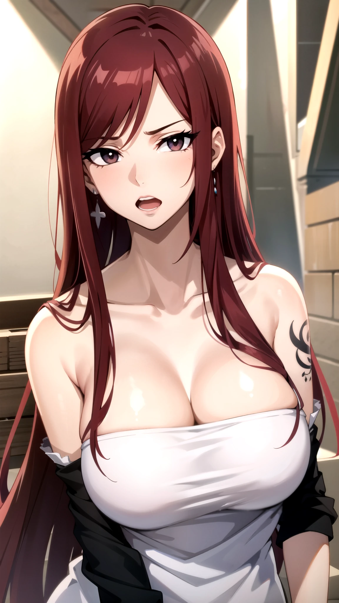 tall body, tall, long legs, mature female, mature, adult
 Fairytail_Erza, 1girl, sarashi, solo, jewelry, breasts, earrings, tattoo, red hair, long hair, large breasts, upper body, cleavage, open mouth, looking at viewer, collarbone, bare shoulders, brown eyes, chest sarashi, arm tattoo, black eyes, bangs