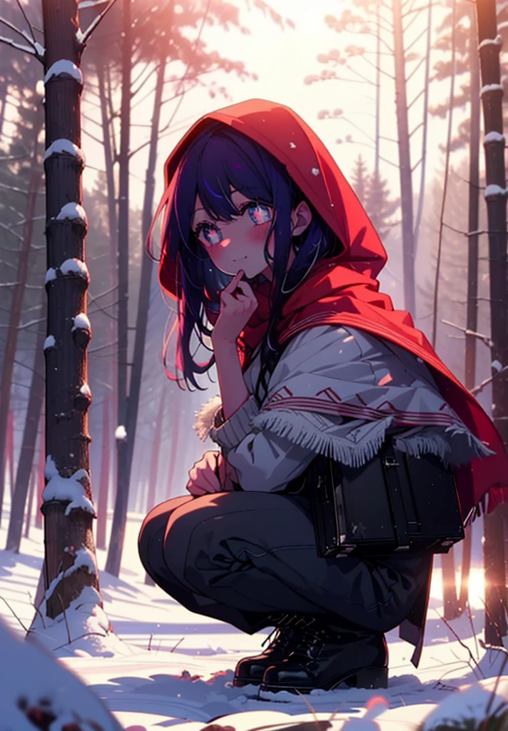 aihoshino, Ai Hoshino, Long Hair, bangs, (Purple eyes:1.1), Purple Hair, (Symbol-shaped pupil:1.5), smile,,smile,blush,White Breath,
Open your mouth,snow,Ground bonfire, Outdoor, boots, snowing, From the side, wood, suitcase, Cape, Blurred, , forest, White handbag, nature,  Squat, Mouth closed, Cape, winter, Written boundary depth, Black shoes, red Cape break looking at viewer, Upper Body, whole body, break Outdoor, forest, nature, break (masterpiece:1.2), Highest quality, High resolution, unity 8k wallpaper, (shape:0.8), (Beautiful and beautiful eyes:1.6), Highly detailed face, Perfect lighting, Highly detailed CG, (Perfect hands, Perfect Anatomy),