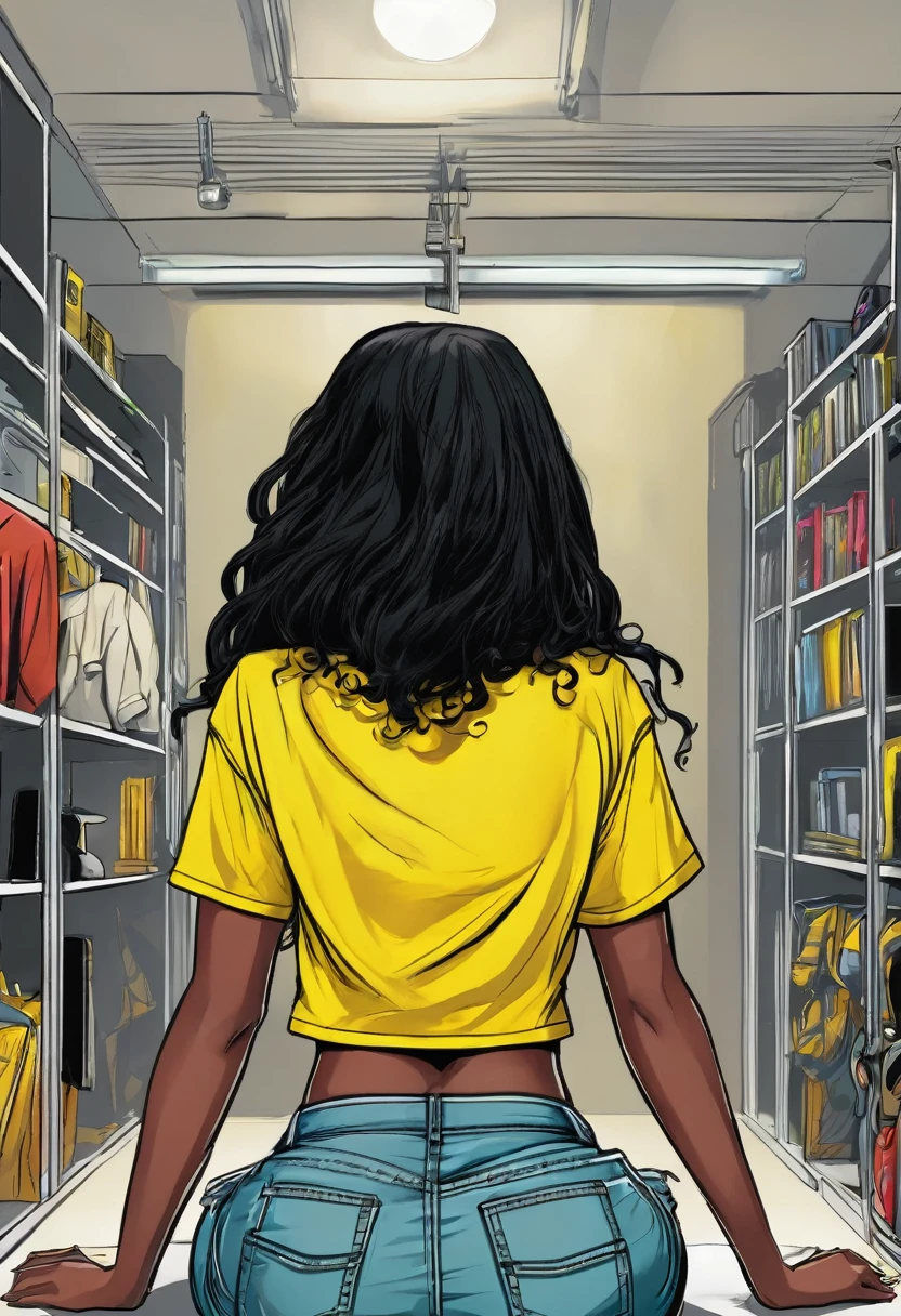 Beautiful Jamaican female, black long hair, taking off a bright yellow cropped t-shirt. Rear veiw, 2d comic style
