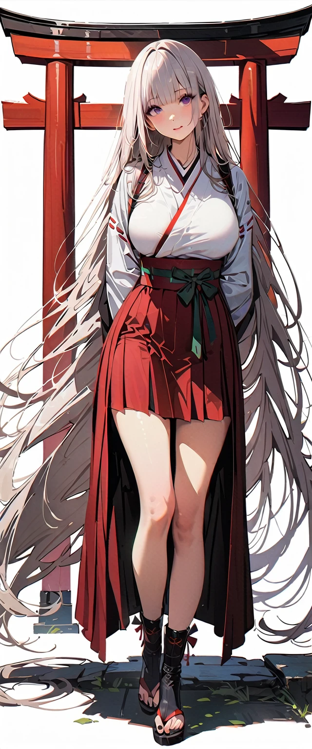 20 years old,1 mature woman,hyperrealistic, 8k, (extremely detailed 8k), (very delicate and beautiful), (masterpiece), (better quality:1.0), (ultra high resolution:1.0), (masterpiece, best quality),cute,white hair,model posing,white background,realistic skin,Combat Readiness,big breast,hime cut,black nail,extra long hair,japanese shrine miko,full body,arms behind back,demon