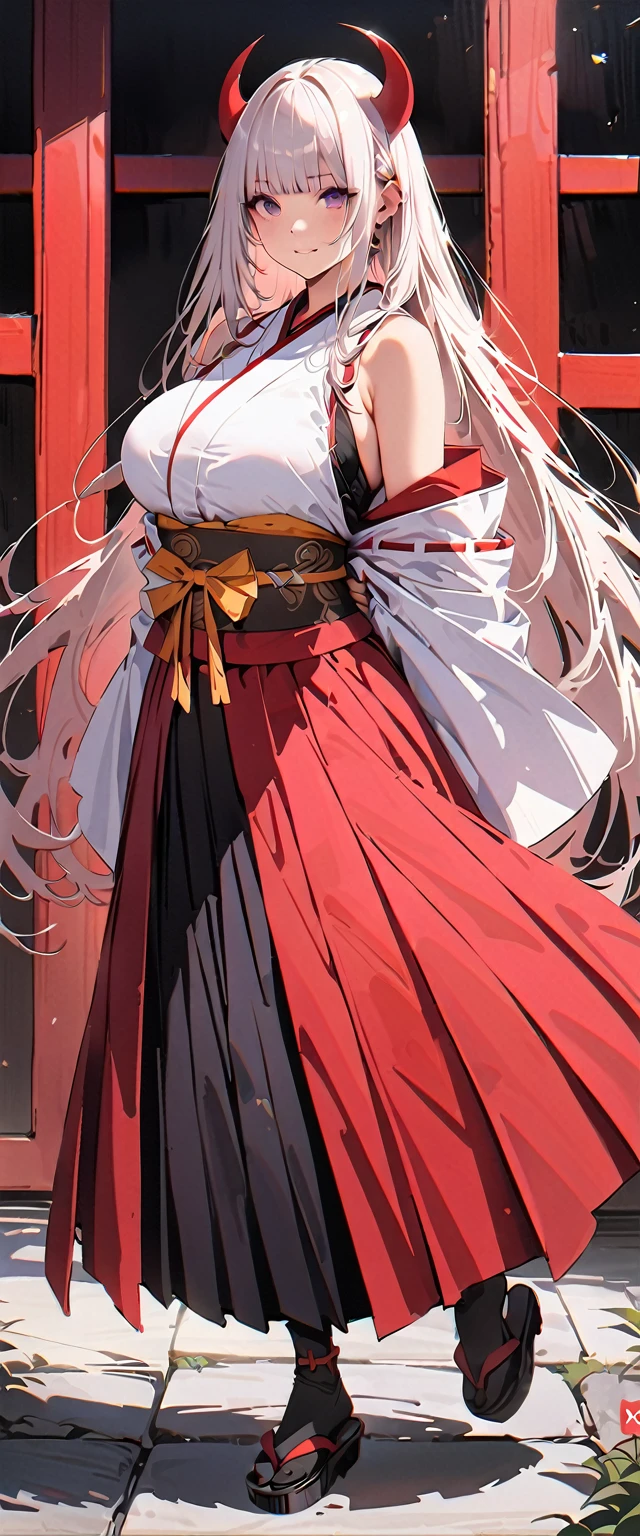 20 years old,1 mature woman,hyperrealistic, 8k, (extremely detailed 8k), (very delicate and beautiful), (masterpiece), (better quality:1.0), (ultra high resolution:1.0), (masterpiece, best quality),cute,white hair,model posing,white background,realistic skin,Combat Readiness,big breast,hime cut,black nail,extra long hair,japanese shrine miko,full body,arms behind back,demon