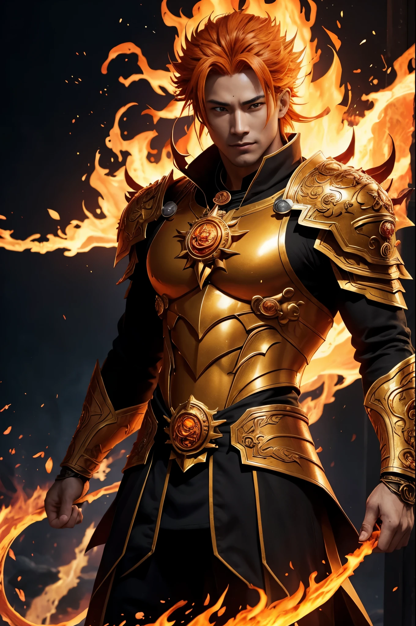 8K,エネルギーを纏った非常に若いFire God Boy,Super handsome(Like the real thing),He looks at the audience with a fearless smile.,Orange Hair,Orange Flame Armor(Fire God Crest),Orange Flame Gauntlet(Fire God Crest),Orange Flame Leg Guards(Fire God Crest),Dark and desolate land,Photorealistic RAW photos of the highest quality。Bright colors,Rich colors, Backlight, Cinema Lighting, Film Grain, 50mm lens, Nikon D850,Realistic Skin,Fantasy art,Character Art,Ultra-high resolution,Realistic Skin,Extremely strong and defined abs,bulging muscles,Fire God Boy,Golden Eyes,Gorgeous Black God Costume(Orange flame emblem filigree),