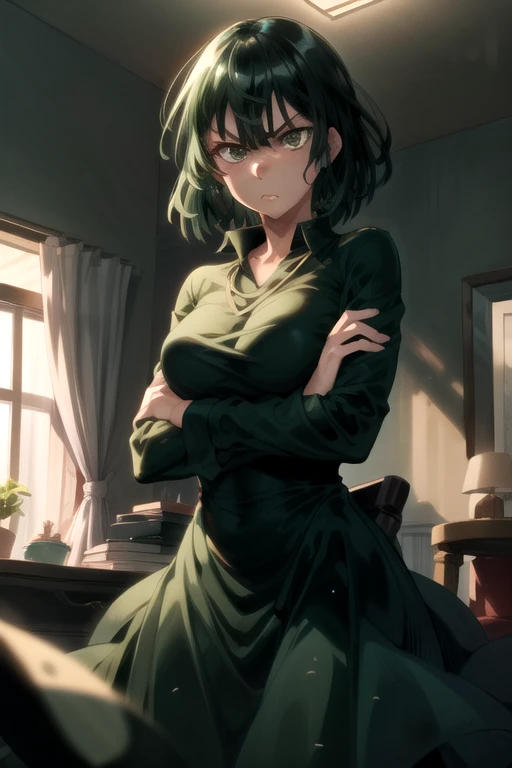 masterpiece,best quality,1girl,mature female,fubuki,green eyes,green hair,green dress,light frown,crossed arms,indoors,cowboy shot,