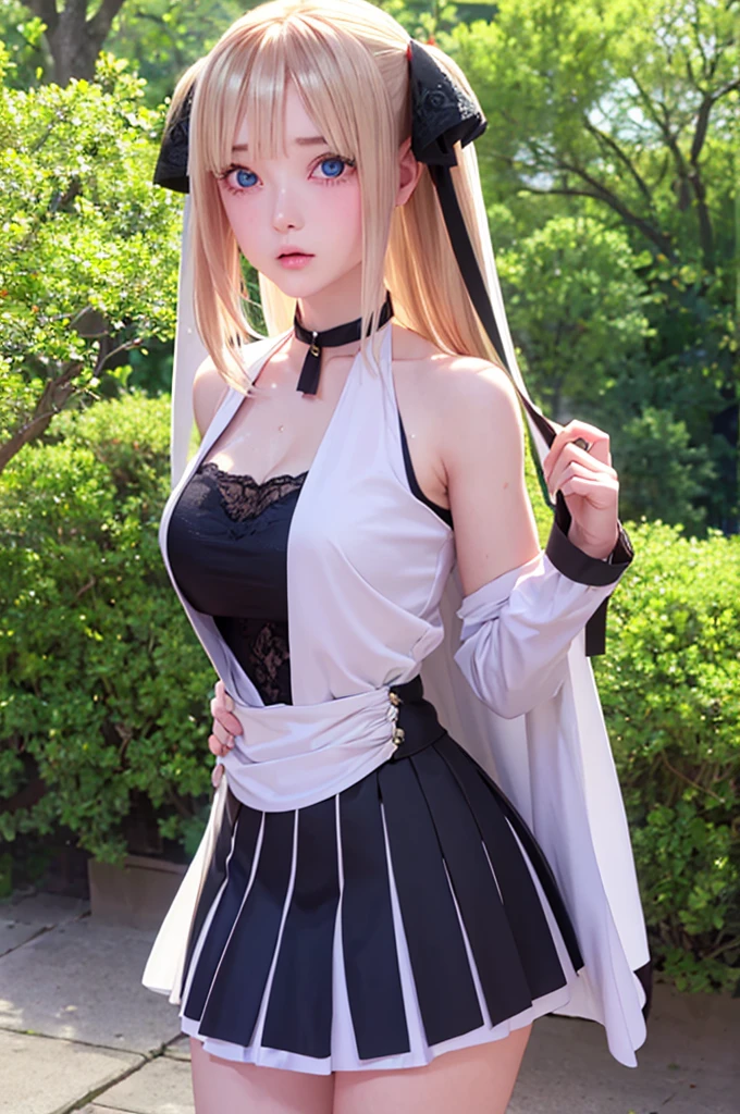 One girl,masterpiece,Highest quality,Blonde,stockings,Checked skirt),Short skirt,Are standing,In total length,Medium chest,Very detailed,[[Realistic]],Beautiful and attractive anime ,Enchanting anime girl,Swinging skirt,blue eyes, hair ornaments, Hair Ribbon,Show your forehead、Twin tails、Random colored lace costumes、Lace choker, short hair,,No bra,,Very detailed肌, Very detailed顔, (Beautiful Fine Eyes, the girl, Red cheeks) ,The girl has a toned figure., Intricate details,Closely、Embarrassed expression、blush、Shining Sweat、Perfect Skin,Sweat is noticeable in the cleavage、、Sweating on thighs is noticeable、 Fair skin,Tight waist, Sweating profusely、Sweaty hair、Sweaty clothes、Sweaty、Visible sweat、Sweat-soaked hair、Athlete System、cherry blossoms、Blonde、Silver Hair、