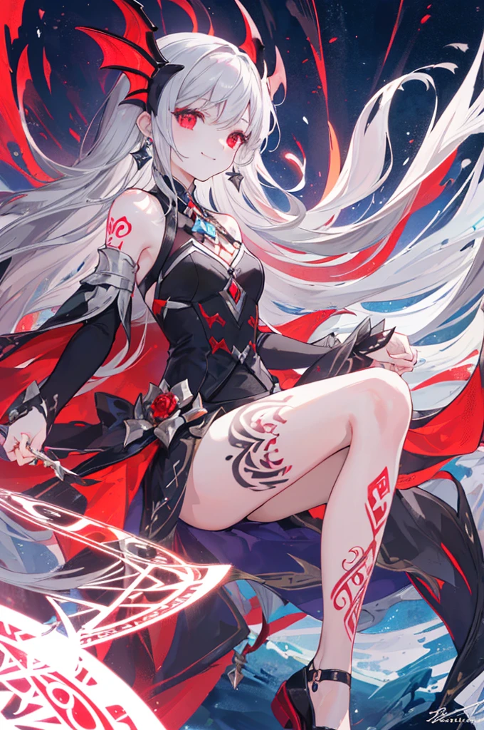 (Ashenhardt Style:1.4), masterpiece, 最high quality, high quality,(Glows dark red、Has red eyes、darknessに囲まれた暗い形のない生き物:1.2), (profile), (darkness:1.2), Abstraction, deep sea, Award-winning photography, Depth of written boundary, High resolution, Very detailed, Art Station Trends, CGSociety Trends, Complex, High detail,(masterpiece:1.2, 最high quality), (Best lighting, Very delicate and beautiful), (Best lighting, Very delicate and beautiful), (Beautifully detailed face), (Detailed eyes and detailed face:1.2), Dark fantasy, (Young girl, Little Beast, One girl, alone, Crazy Smile, Pale skin,19 earrings,((Tattoos all over the body,Tribal tattoos all over the legs)) Gray Hair, Glowing red eyes, Dynamic Angle, vampire), (background chain,Get the Magic Circle,conjuring a demon), (Demons in the Magic Circle)Magic Thunder, pointed_ear, tooth,Devil's Wings,Devil horns,Blood rain on the face,blood mist,(Depth of written boundary),High Contrast,(Blood splatter:1.4),Cowboy Shot,whole body, Black lace-up thong high boots,scream,Sacrifice,Magnificent stage