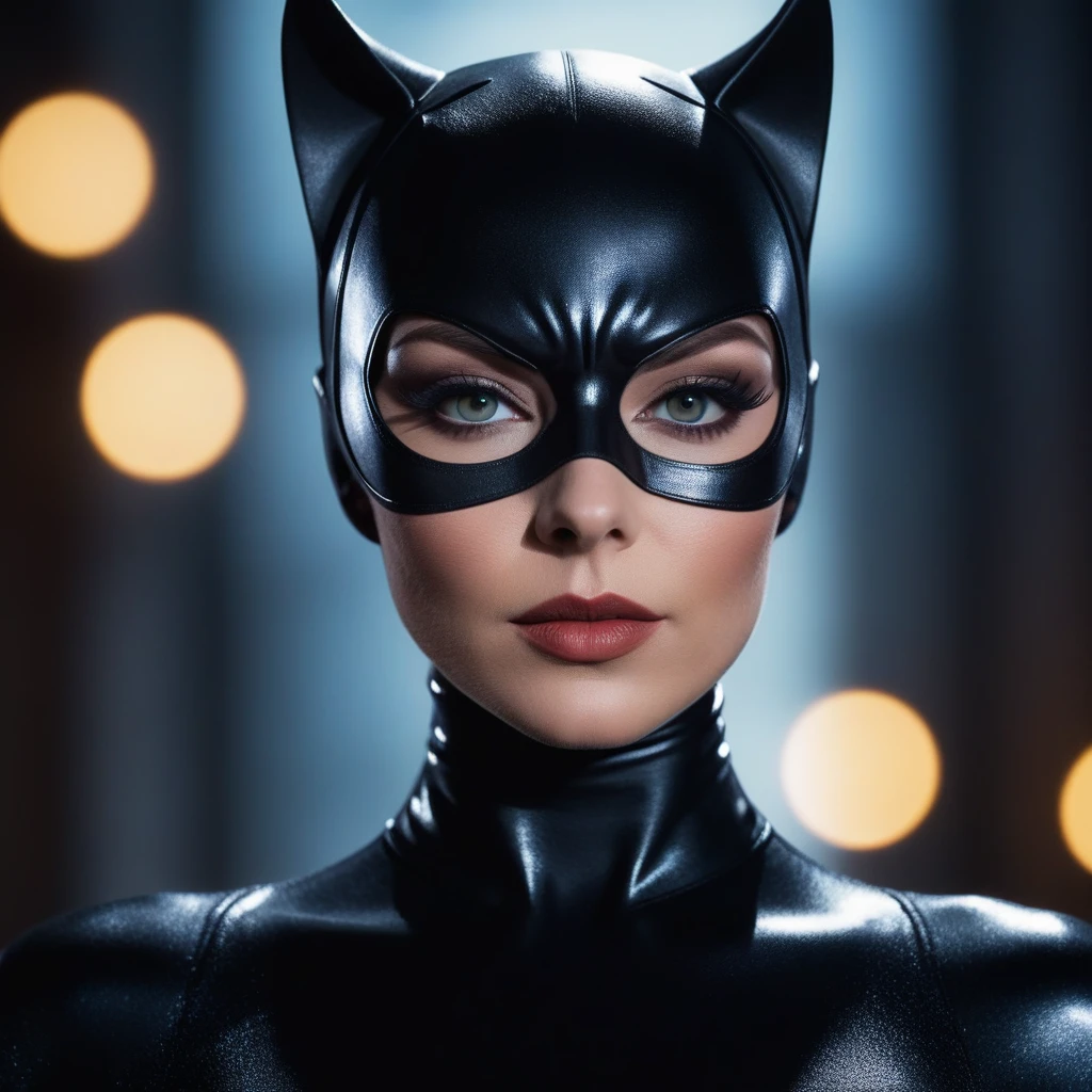 High detail RAW color, half body shot in frame, catwoman  dark makeup, (dramatic, mysterious, symmetrical background, lightshafts, dark:1.2), bokeh, shallow focus, f2, 85mm, (backlit:1.1), serious, moody, eos, skin_pores, 8k high definition, high detail eyes, highest quality, skin texture, masterpiece, best quality, 8k, cinematic lighting, (sharp focus:1.2), HDR, beauty, ultra-detailed, amazing,