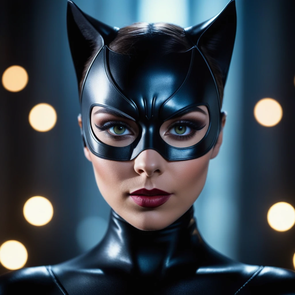 High detail RAW color, half body shot in frame, catwoman  dark makeup, (dramatic, mysterious, symmetrical background, lightshafts, dark:1.2), bokeh, shallow focus, f2, 85mm, (backlit:1.1), serious, moody, eos, skin_pores, 8k high definition, high detail eyes, highest quality, skin texture, masterpiece, best quality, 8k, cinematic lighting, (sharp focus:1.2), HDR, beauty, ultra-detailed, amazing,