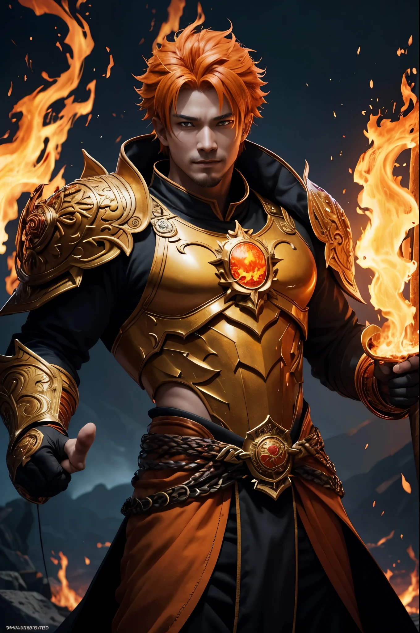 8K,エネルギーを纏った非常に若いFire God Boy,Super handsome(Like the real thing),He looks at the audience with a fearless smile.,Orange Hair,Orange Flame Armor(Fire God Crest),Orange Flame Gauntlet(Fire God Crest),Orange Flame Leg Guards(Fire God Crest),Dark and desolate land,Photorealistic RAW photos of the highest quality。Bright colors,Rich colors, Backlight, Cinema Lighting, Film Grain, 50mm lens, Nikon D850,Realistic Skin,Fantasy art,Character Art,Ultra-high resolution,Realistic Skin,Extremely strong and defined abs,bulging muscles,Fire God Boy,Golden Eyes,