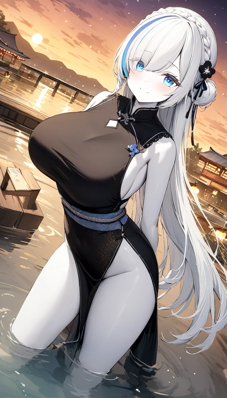 (masterpiece, high quality, high detail, 4k, rtx, high resolution:1.2),blue_streaked_hair,hair_over_one_eye, blue_eyes,very long hair,braid,white hair_ornament,white skin,black nail_polish,aged_down, solo,1girl, aerial_fireworks, architecture, aurora, bridge, building, city_lights, cityscape, cloud, constellation, crescent_moon, earth_(planet), east_asian_architecture, festival, fireflies, fireworks, flower, fountain, full_moon, galaxy, hair_ornament, horizon,(black dress, china_dress, sexy pose:1.2),huge breasts,lantern, light_particles, looking_at_viewer, milky_way, moon, moonlight, night, night_sky, obi, onsen, outdoors, paper_lantern, planet, reflection, sash, shooting_star, sky, skyline, skyscraper, smile, snow, snowing, solo, space, sparkle, standing, star_(sky), star_(symbol), starry_background, starry_sky, starry_sky_print, summer_festival, sunrise, tanzaku, telescope, torii, tower, twilight,wading, water,arms behind back,finger polish