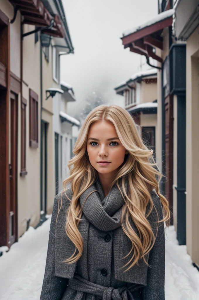 proFessional portrait photograph oF a gorgeous Norwegian girl in winter clothing with long wavy blonde hair, sultry Flirty look, gorgeous symmetrical Face, lindo maquillaje natural, wearing elegant warm winter Fashion clothing, ((parado afuera en una calle nevada de la ciudad)), impresionante entorno urbano moderno, ultra realista, arte conceptual, elegant, muy detallado, Intrincado, sharp Focus, depth oF Field, F/1. 8, 85mm, Tiro medio, plano medio, (((proFessionally color graded))), bright soFt diFFused light, (volumetric Fog), tendencia en instagram, hdr 4k, 8k